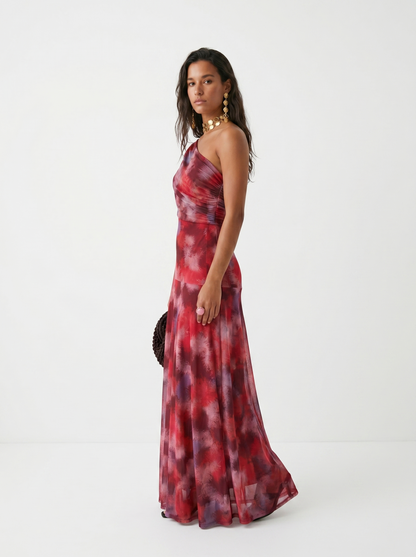 Chique damesjurk off shoulder in maxi lengte, voorzijde in beeld