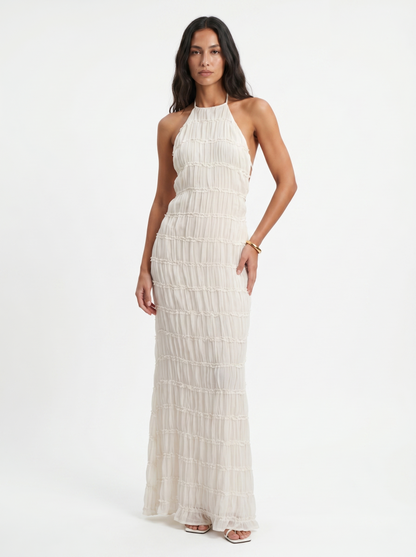 Dames halter maxi jurk met volantlagen in een luchtige lange pasvorm