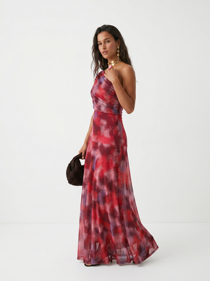 Dames maxi jurk off shoulder met gedrapeerde pasvorm, vooraanzicht