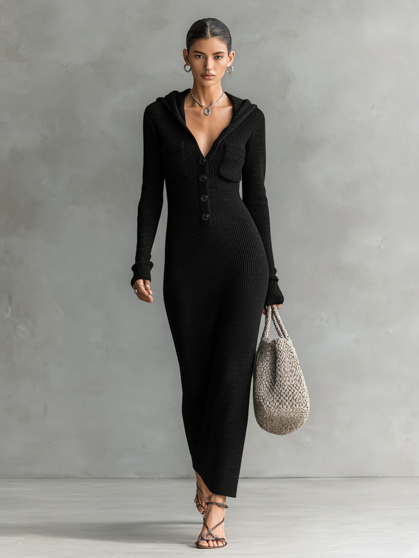 Dames Gebreide Maxi Jurk Met Capuchon