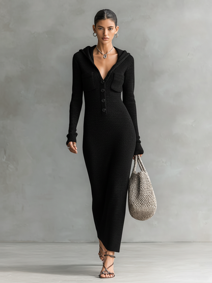 Dames Gebreide Maxi Jurk Met Capuchon