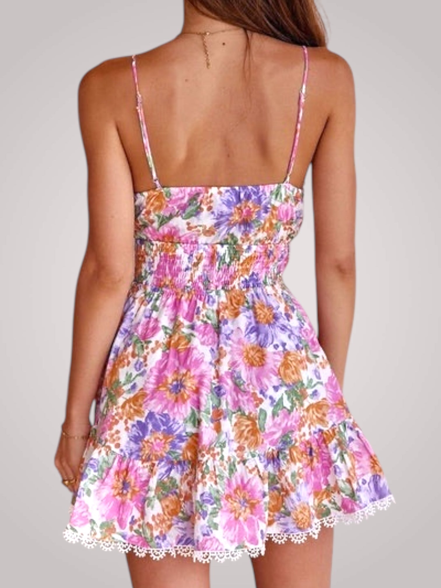 Dames mini jurk met bloemenprint en ruches, achteraanzicht