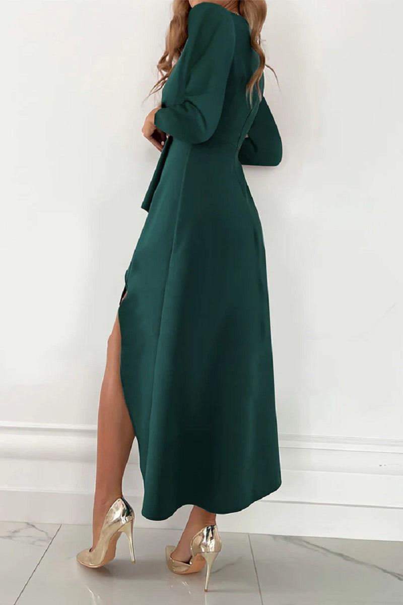 Koperkleurige midi jurk met elegante asymmetrische zoom