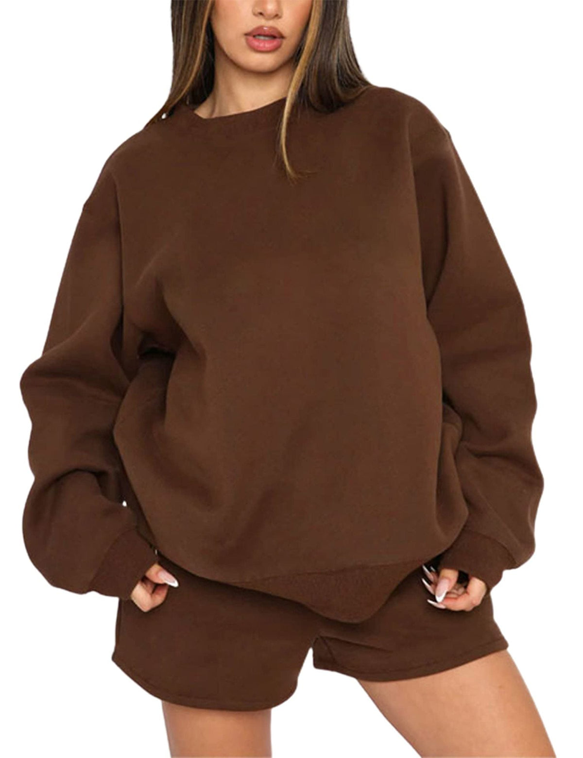 Dames Oversized Badstof Loungewear Set Met Sweatshirt En Shorts