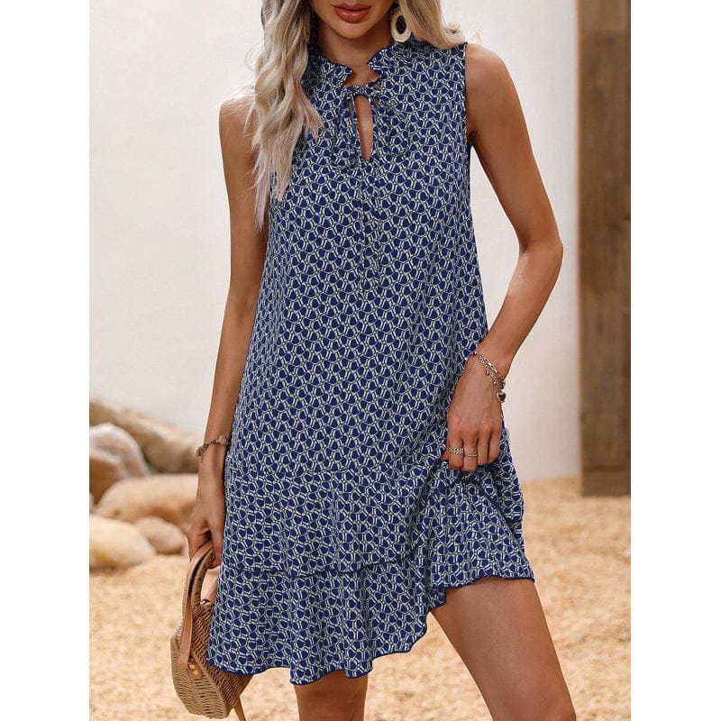 Dames midi jurk met geometrische print en strikdetail zijaanzicht