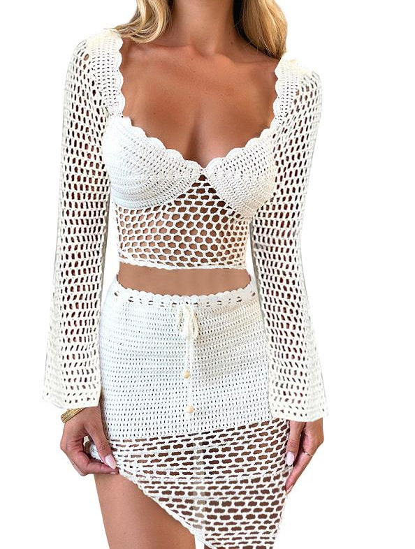 Gehaakte dames set met diepe V-hals en ruches, voor een stijlvolle vrouwelijke look