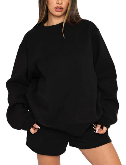 Dames Oversized Badstof Loungewear Set Met Sweatshirt En Shorts