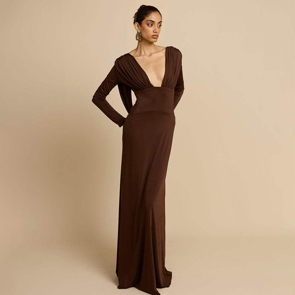 Dames maxi jurk met diepe V-hals en lange mouwen