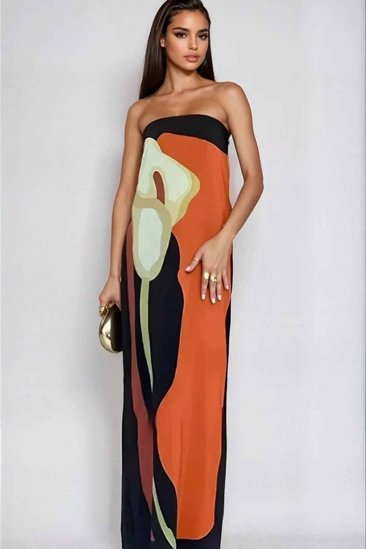 Dames straploze maxi jurk met abstracte print in volledige lengte