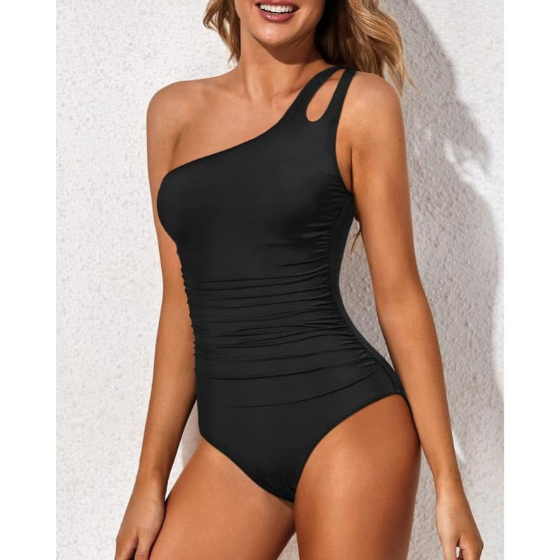 Dames badpak met één schouder in effen kleur, schuine halslijn