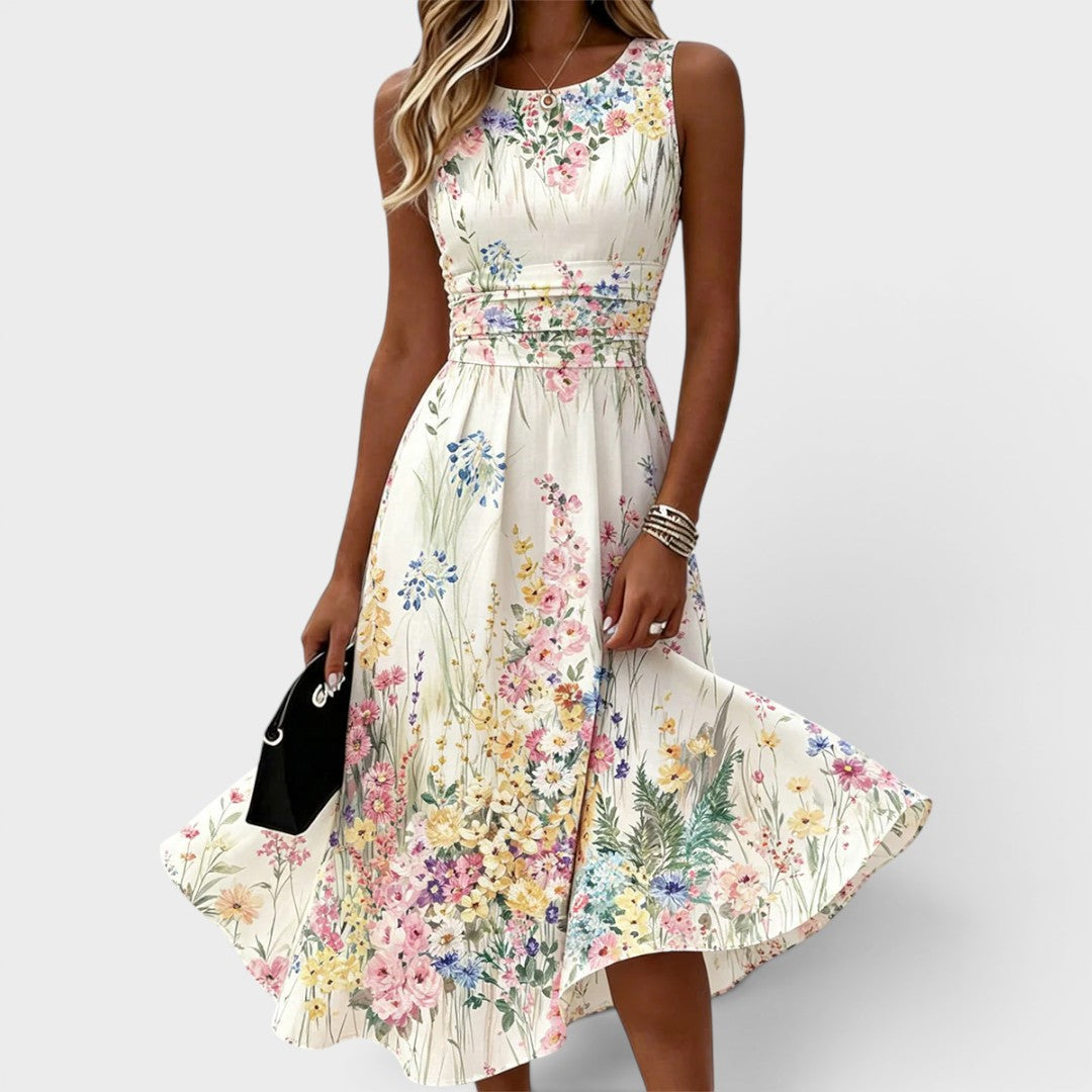 Dames midi jurk met bloemenprint zonder mouwen, vooraanzicht