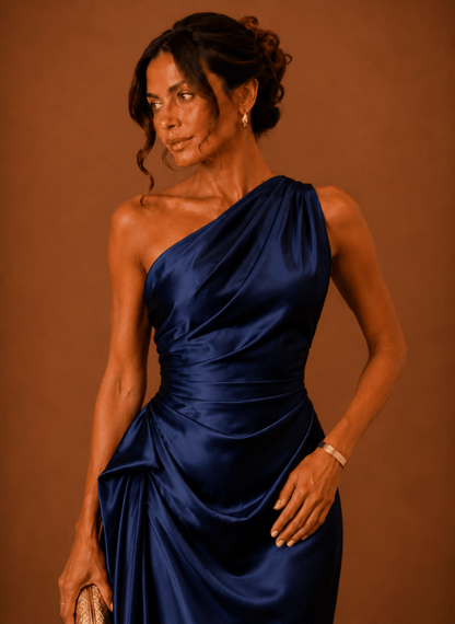 Dames Midi Jurk Satijn One Shoulder Bruiloft