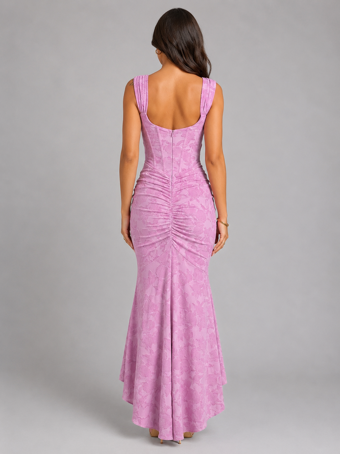 Dames maxi jurk met korsetlook en bloemenprint, driekwartaanzicht