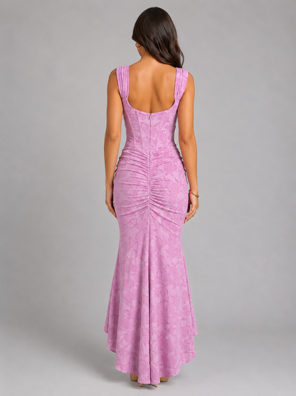 Dames maxi jurk met korsetlook en bloemenprint, driekwartaanzicht