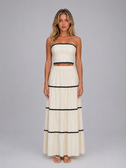 Dames co-ord set met crop top en gelaagde maxirok, voorkant