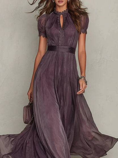 Elegante pruimkleurige maxijurk met vloeiende chiffon rok
