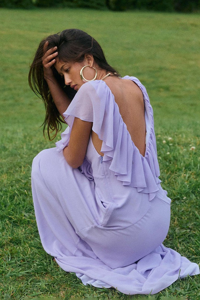 Diep V Ruffle Chiffon Maxi Jurk Paars