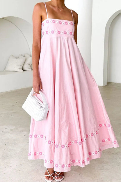 Maxi jurk met bloemenborduursel en spaghetti bandjes van polyester
