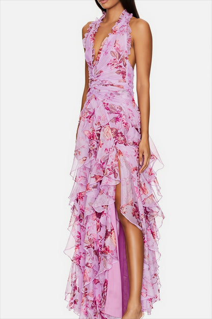 Lange bloemenjurk met haltermodel en luchtige chiffon stof
