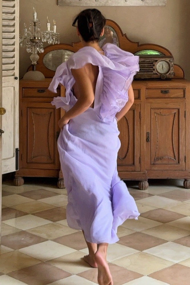 Diep V Ruffle Chiffon Maxi Jurk Paars