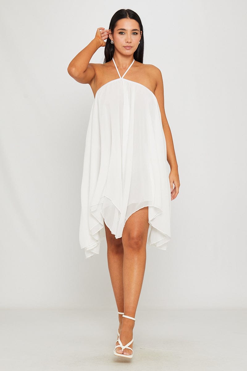 Chiffon halternek asymmetrische mini-jurk wit