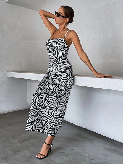 Midi-jurk met satijnen zebraprint zwart-wit