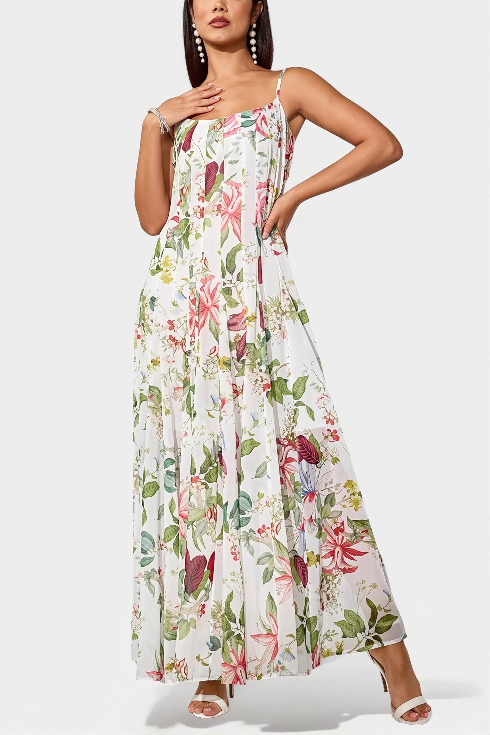 Lange damesjurk met bloemenprint in boho stijl, zijaanzicht