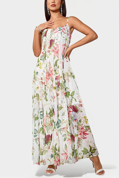 Lange damesjurk met bloemenprint in boho stijl, zijaanzicht