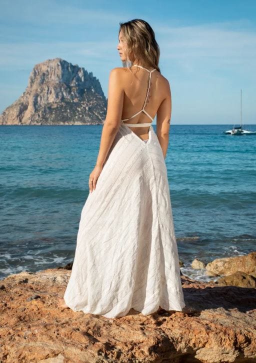 Witte Lange Glitter Boho Jurk Met V-hals En Open Rug – Ibiza Vibe