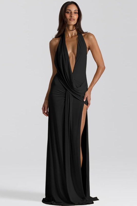 Maxi jurk met halslijn, rugloos en split, effen kleur