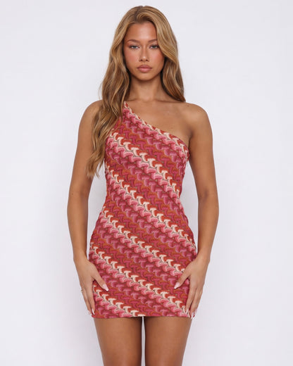 Een-schouder polyester mini jurk roze