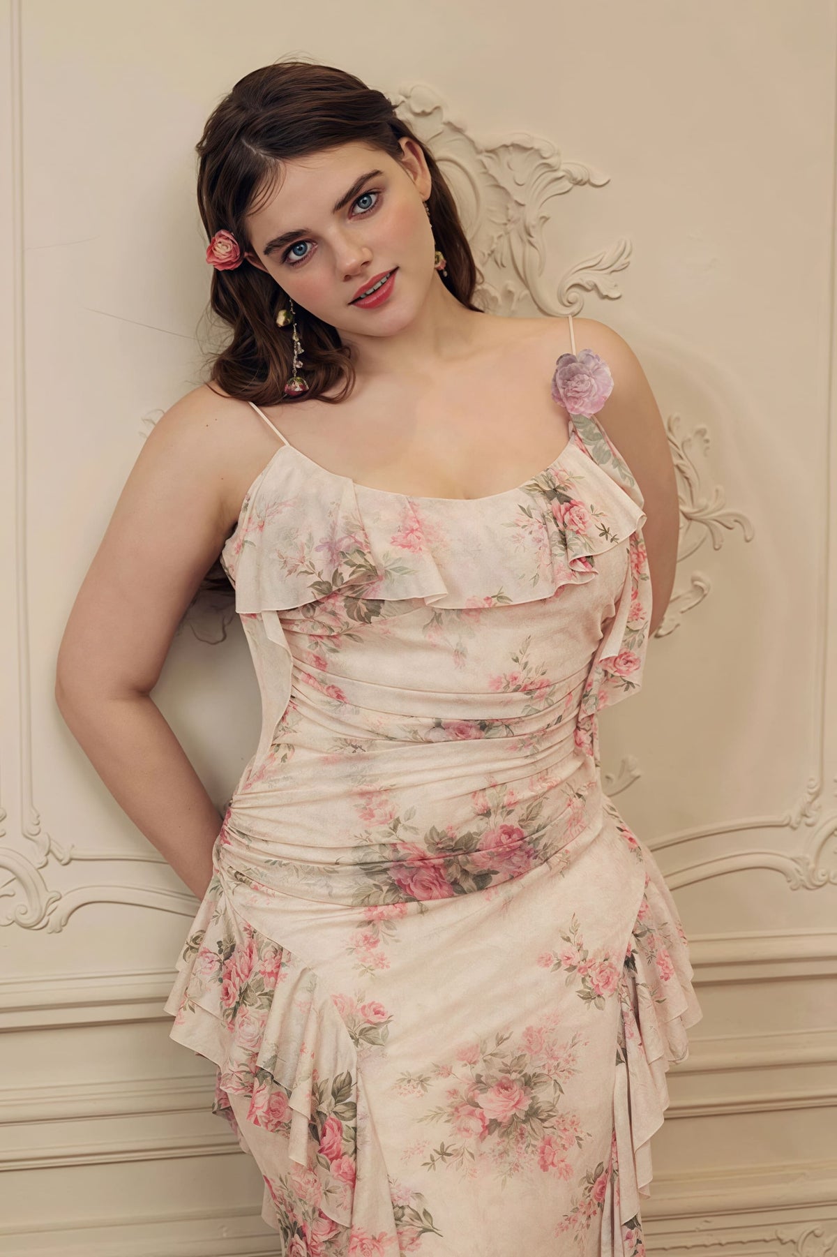 Asymmetrische ruches bloemen maxi-jurk roze