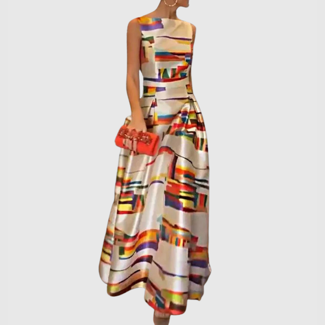 Dames maxi jurk met abstracte colorblock print en lange, vloeiende pasvorm