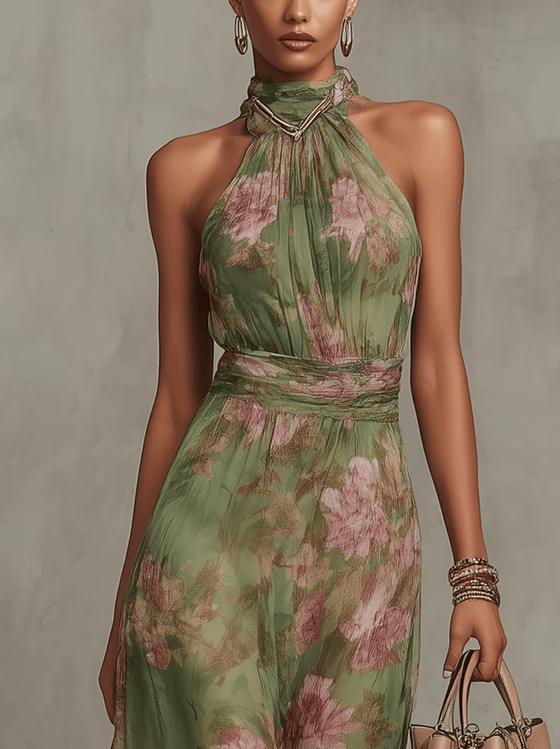 Chiffon maxi-jurk met bloemenprint en halternek groen