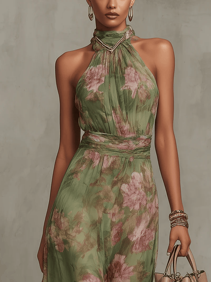 Chiffon maxi-jurk met bloemenprint en halternek groen
