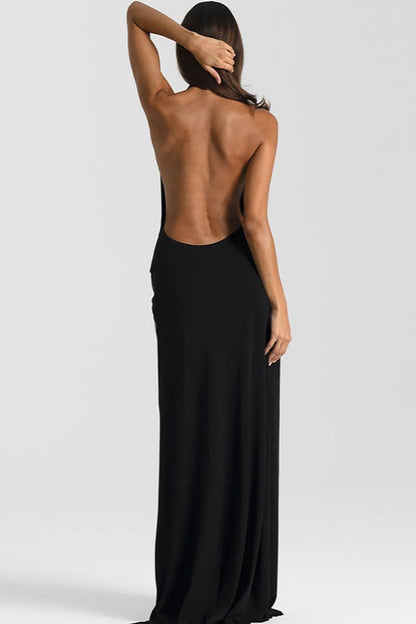 Maxi jurk met halslijn, rugloos en split, effen kleur
