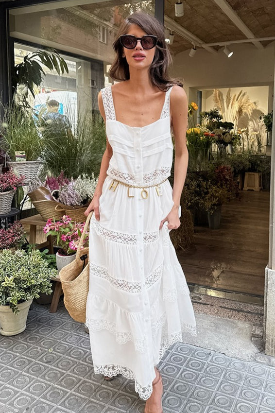 Boho kanten patchwork volants maxi jurk wit