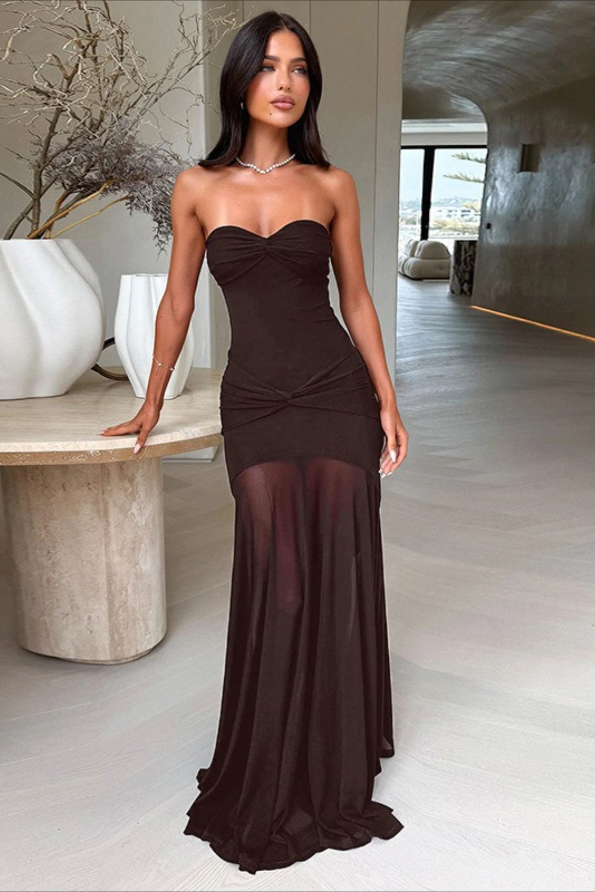 Mesh Patchwork Strapless Shirred Backless Bodycon Maxi Jurk