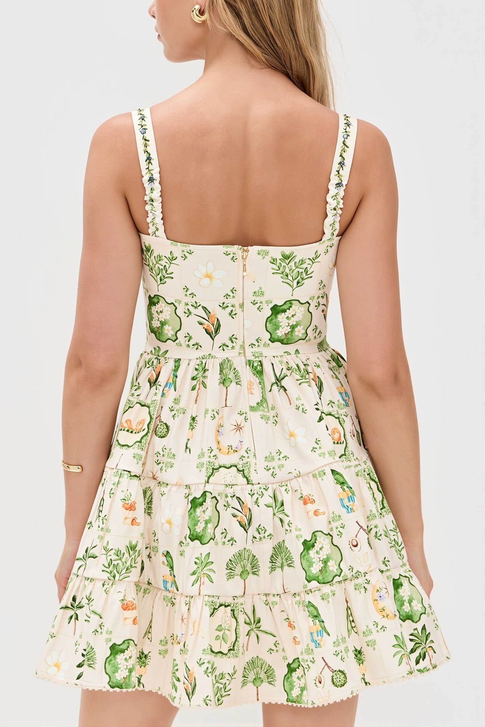 Dames midi jurk met bloemenprint en zwierige rok, achterkant