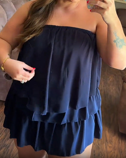 Strapless damesromper met luchtige dubbele laag en korte pijpen