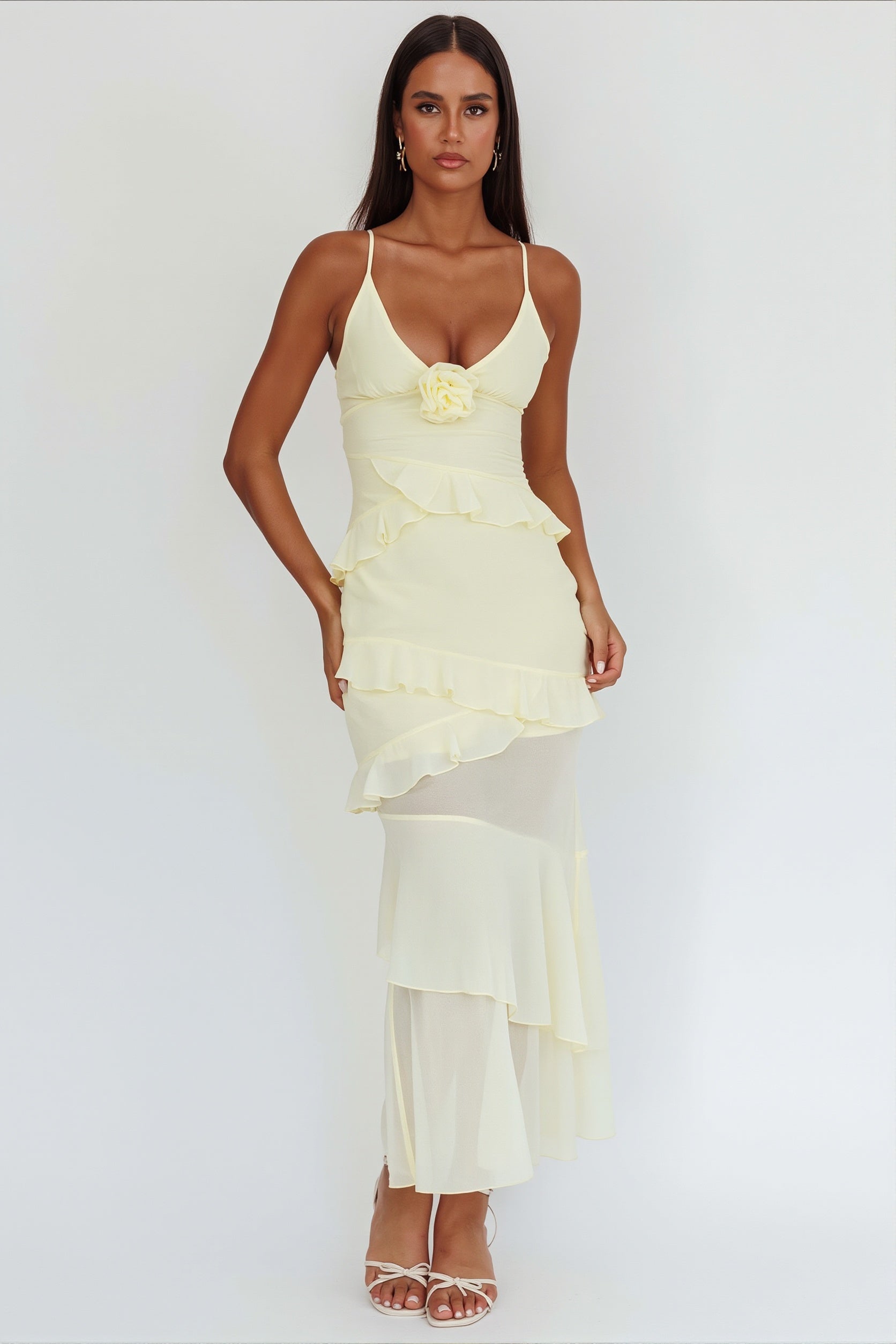 Dames maxi jurk met elegante ruches en effen stof