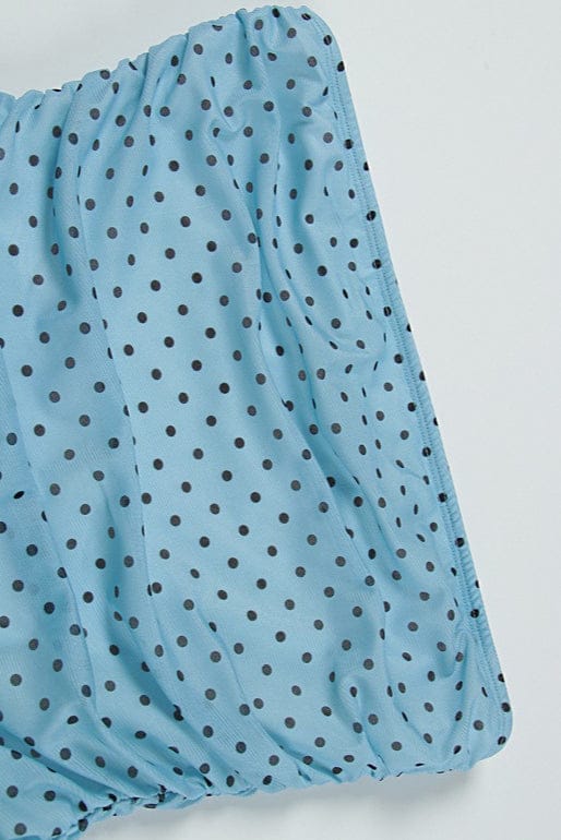 Bandeau Polkadot Mesh Strik Mini Jurk Blauw