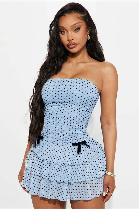 Bandeau Polkadot Mesh Strik Mini Jurk Blauw