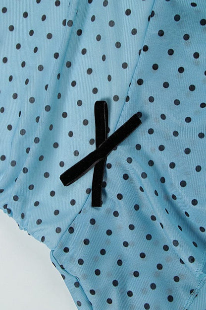 Bandeau Polkadot Mesh Strik Mini Jurk Blauw