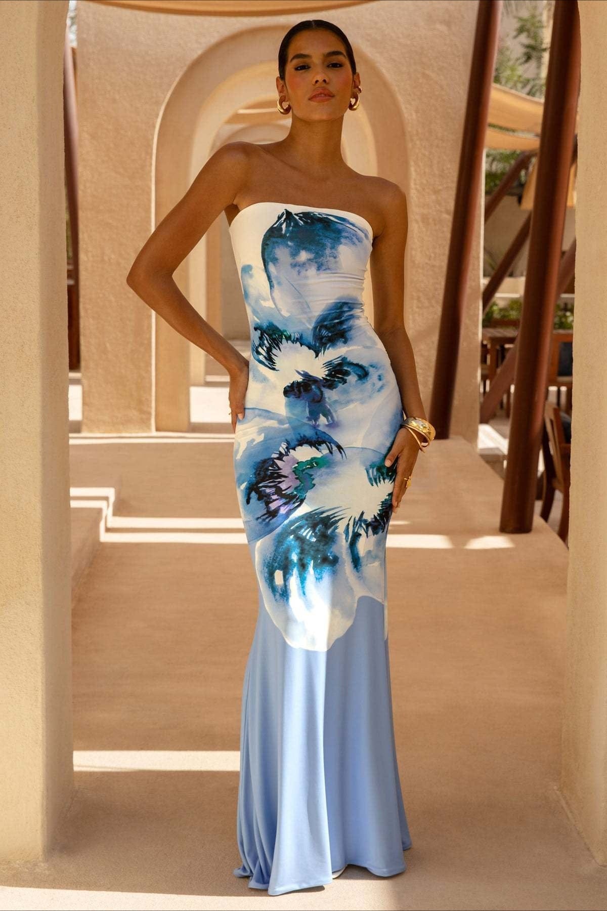 Bandeau Zeemeermin Maxi Jurk met Bloemenprint
