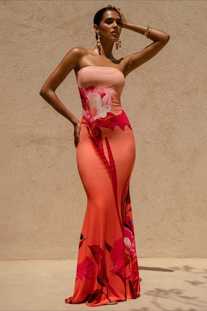 Bandeau Zeemeermin Maxi Jurk met Bloemenprint