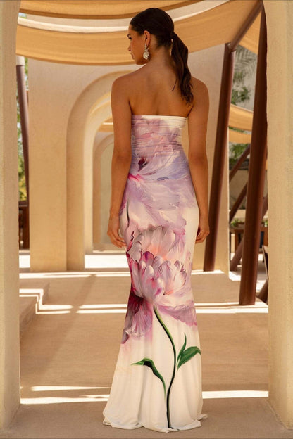 Bandeau Zeemeermin Maxi Jurk met Bloemenprint