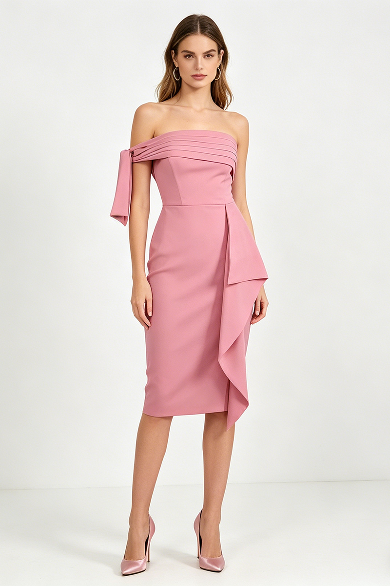 Midi-jurk met een schouder en strikkdetail roze