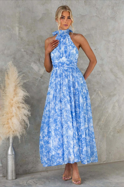 Midi-jurk met bloemenprint, halternek en open rug