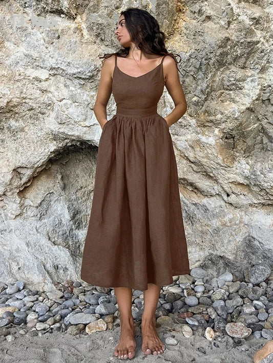 Bclout Fashion Brown Linen Long Dress Women 2024 Elegant Lace-Up Pockets A-Line Dresses Summer Sexy Backless Party Pleated Dress